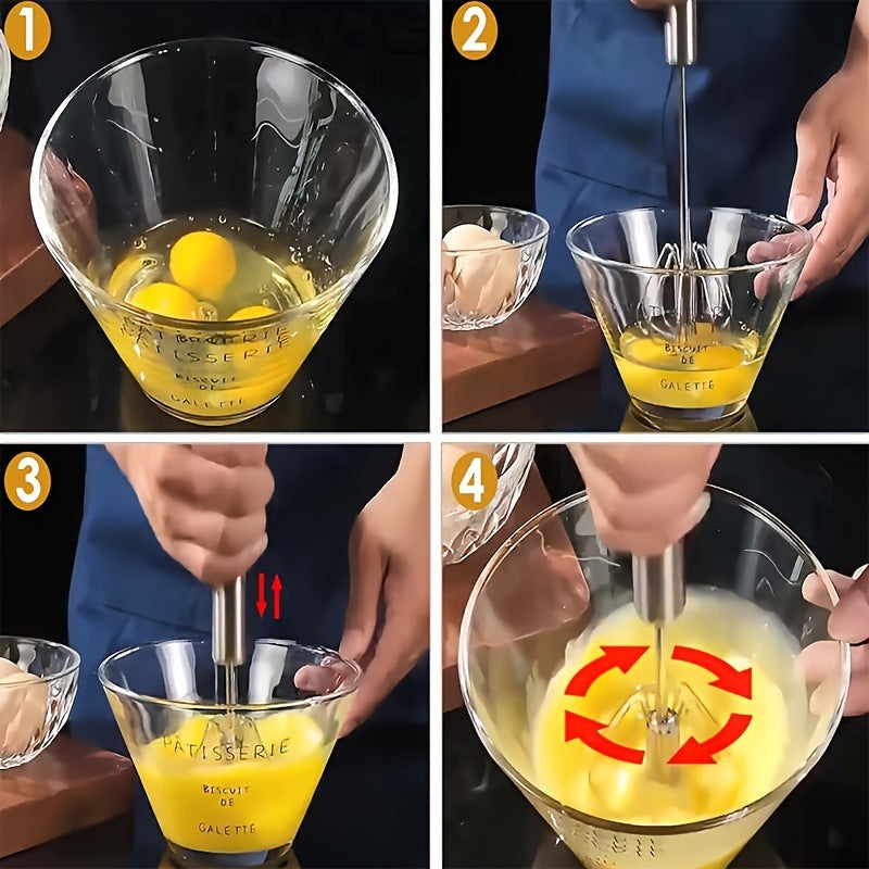 Step-by-step process of whisking eggs in a glass bowl with a hand mixer.