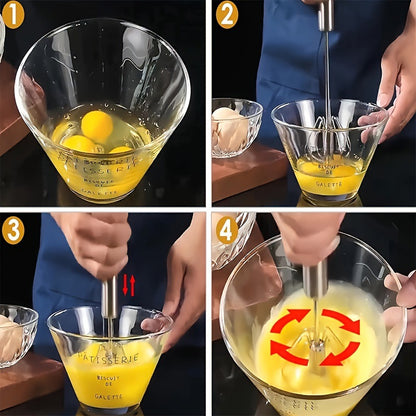 Step-by-step process of whisking eggs in a glass bowl with a hand mixer.