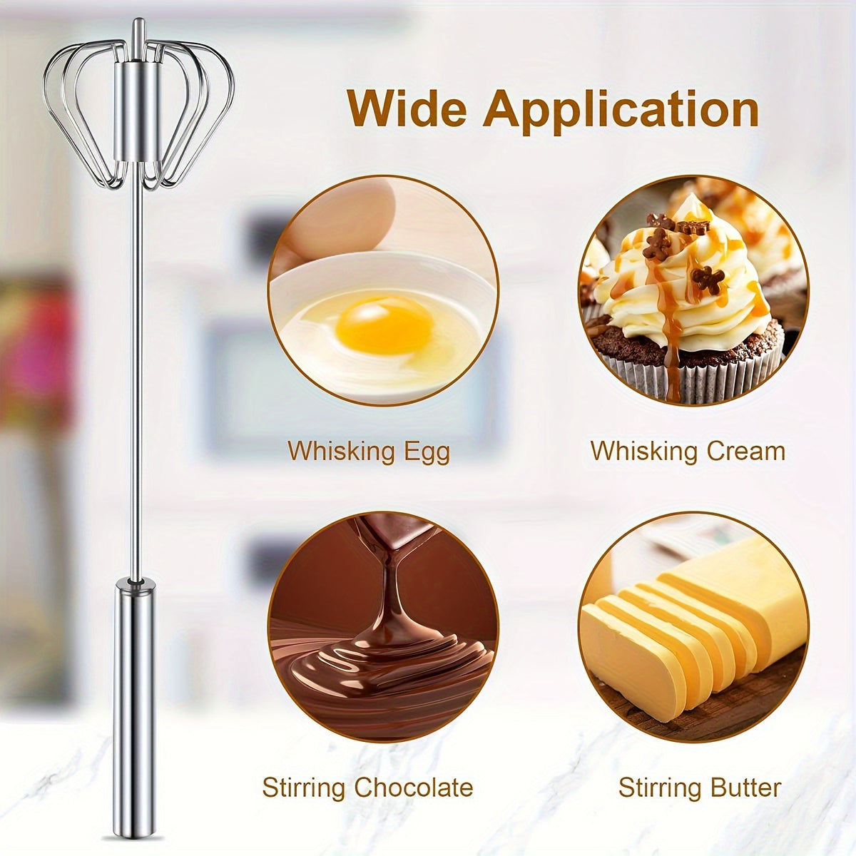 Electric whisk with applications for whisking egg, cream, stirring chocolate, and butter on a white background.
