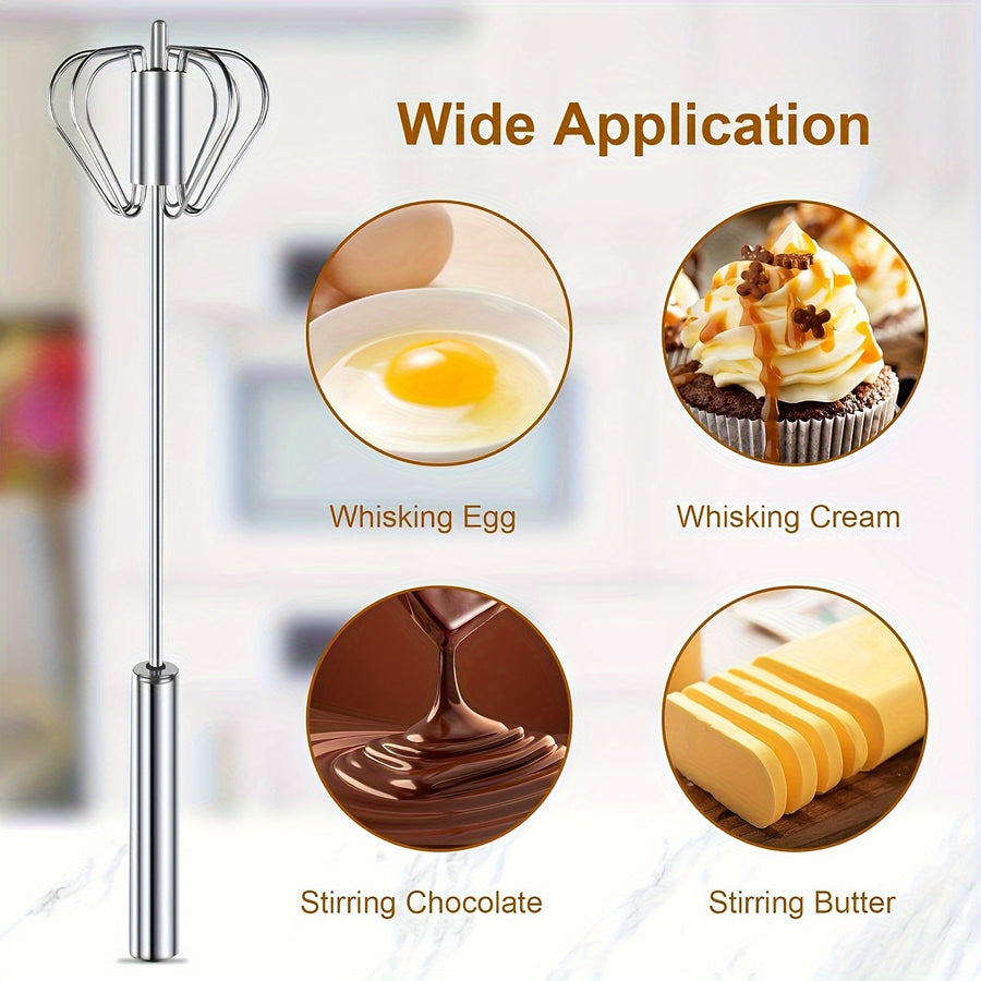 Electric whisk with applications for whisking egg, cream, stirring chocolate, and butter on a white background.