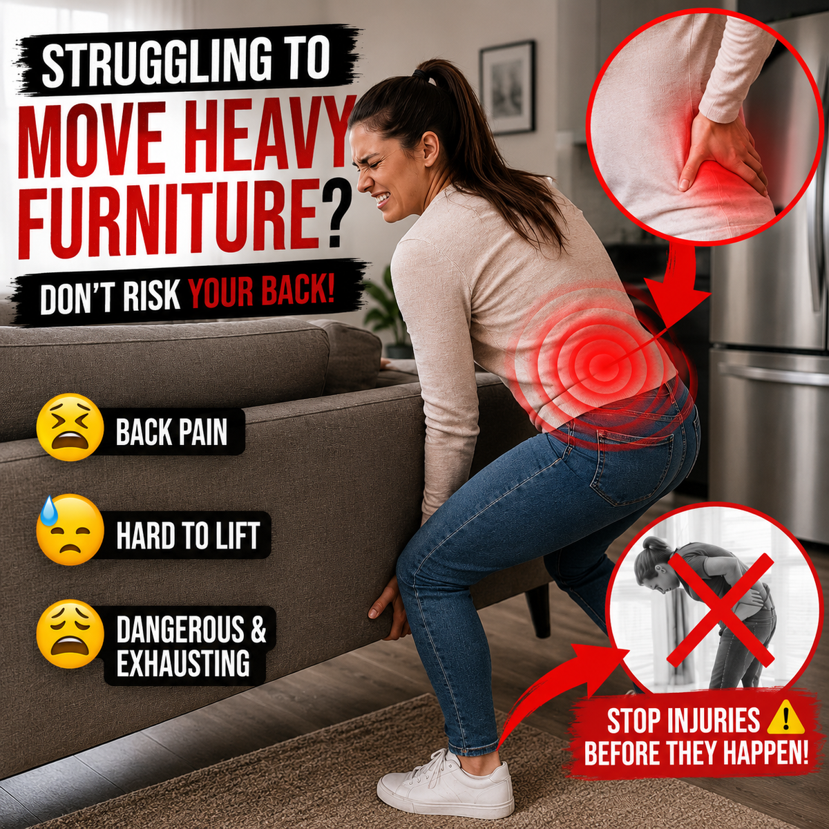 Person struggling to move heavy furniture