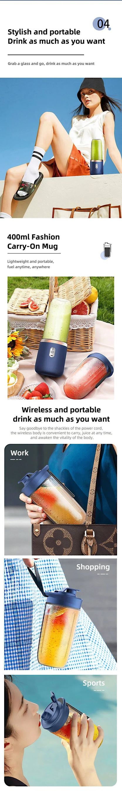 8OPortable Blender Bottle Electric 6 Blades Multifunction Juice Blender Fresh Juice Smoothie Blender Ice CrushCup Food Processor
