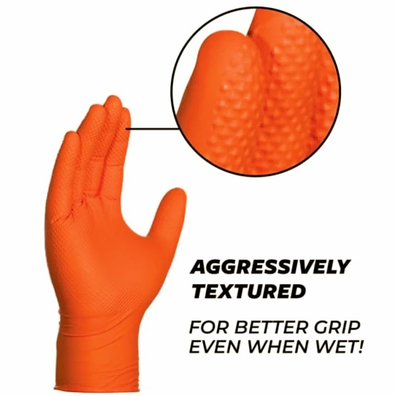 Heavy Duty Orange Nitrile Gloves 8Mil Industrial Disposable Gloves with Diamond Textured Grip for Mechanic Safety & Work Gloves