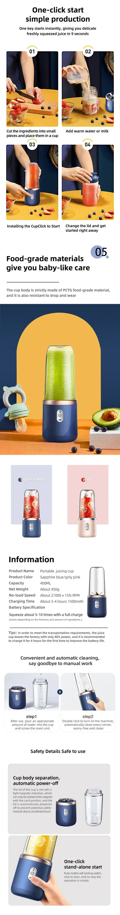 8OPortable Blender Bottle Electric 6 Blades Multifunction Juice Blender Fresh Juice Smoothie Blender Ice CrushCup Food Processor