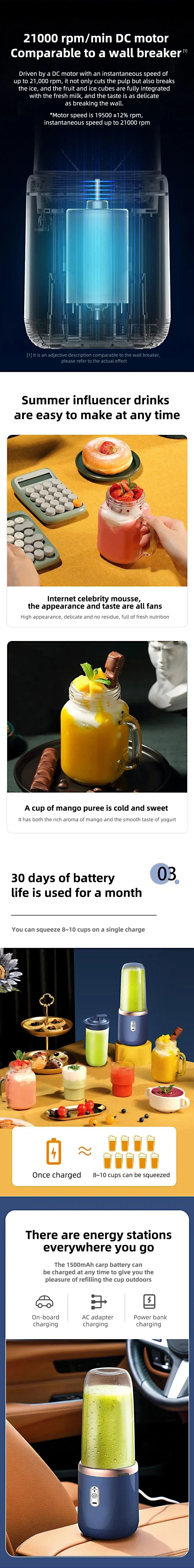 8OPortable Blender Bottle Electric 6 Blades Multifunction Juice Blender Fresh Juice Smoothie Blender Ice CrushCup Food Processor