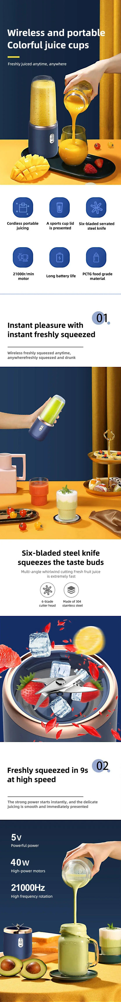 8OPortable Blender Bottle Electric 6 Blades Multifunction Juice Blender Fresh Juice Smoothie Blender Ice CrushCup Food Processor