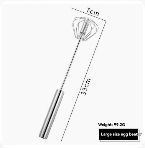 A stainless steel handheld egg beater with a 33 cm handle and 7 cm whisk head, shown on a light gray background with dimension lines and text indicating weight 99.2G.

